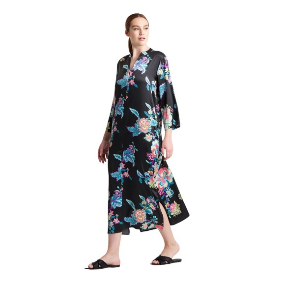 Natori Dresses & Skirts - Natori Festival Satin Zip Caftan Black Floral 3/4 Sleeve Maxi Size Small